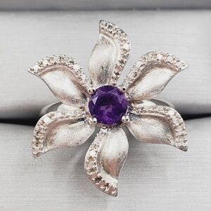 Genuine Round Purple Amethyst & Diamond Accent 925 Silver Flower Statement Ring